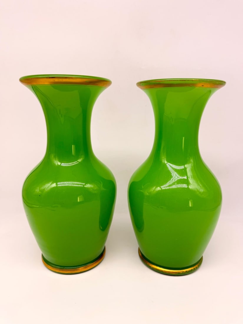 PAIR OF FRENCH GREEN OPALINE GLASS VASES, NAPOLEON III PERIOD, CIRCA 1850–1870 (1 of 16)
