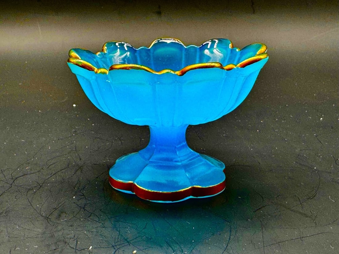 FRENCH BLUE OPALINE GLASS FOOTED TAZZA, NAPOLEON III PERIOD, CIRCA 1850–1870 (1 of 11)