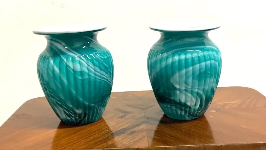 PAIR OF FRENCH GREEN AND WHITE OPALINE GLASS RIBBED VASES, LATE 19TH CENTURY (1 of 8)