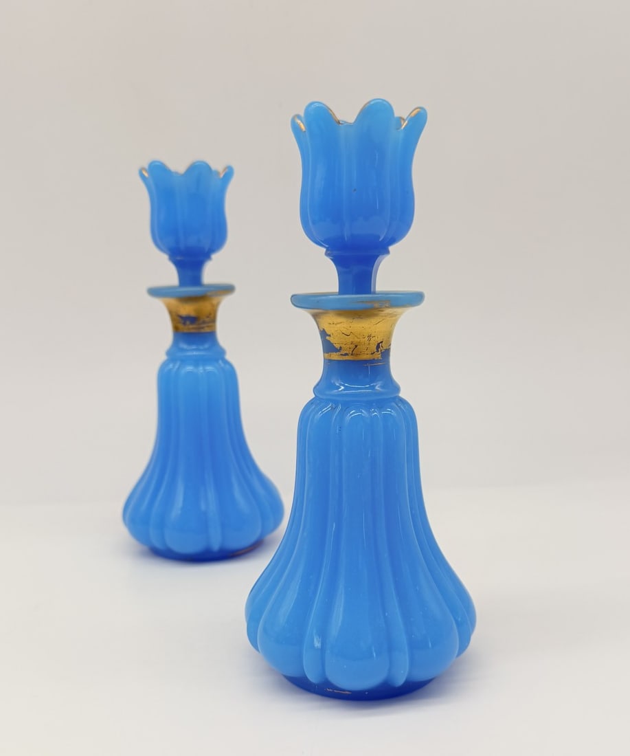 PAIR OF FRENCH BLUE OPALINE GLASS PERFUME BOTTLES, NAPOLEON III PERIOD (1 of 15)