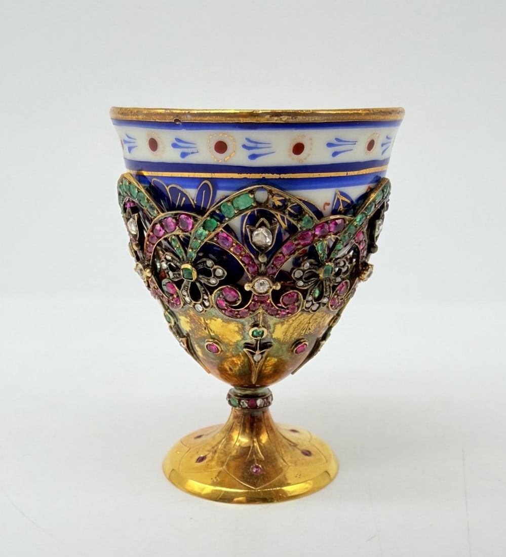 SWISS OR AUSTRIAN GEM-SET GOLD ZARF WITH PORCELAIN CUP FOR THE OTTOMAN MARKET, CIRCA 1850–1860 (1 of 19)