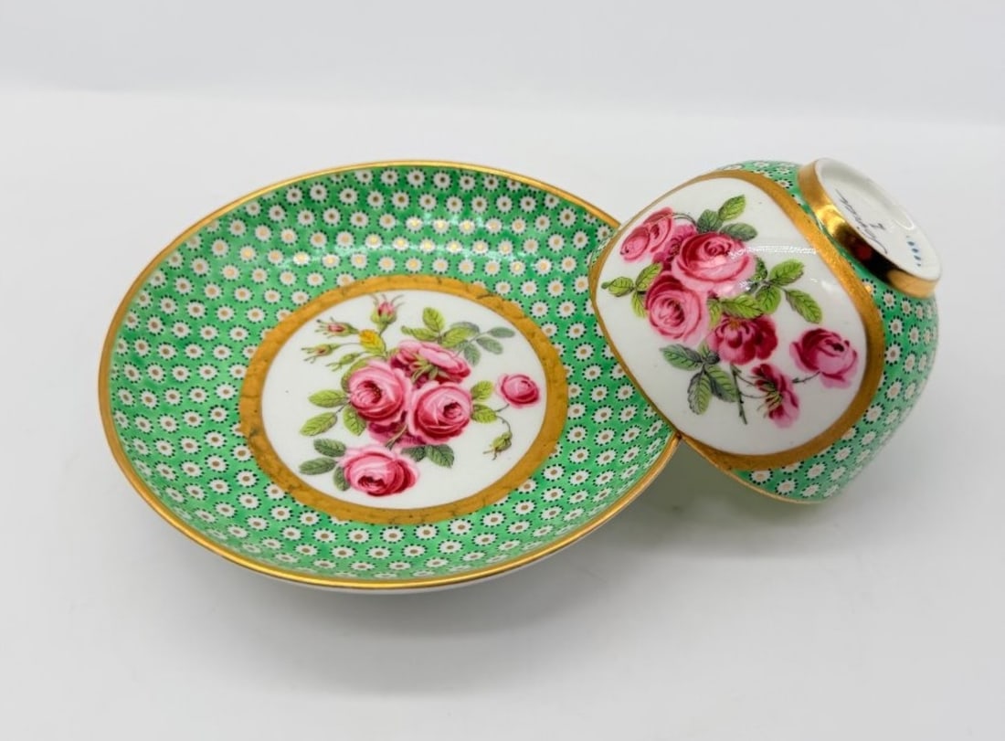 Sèvres, After, Litron Cup And Saucer In Green Ground Porcelain, Louis XVI Style: SÈVRES, after.Porcelain litre cup and saucer, with a green ground embellished with a pattern of half-dots and gold dots known as ‘partridge’s eye’, the circular medallions edged with a gold bor