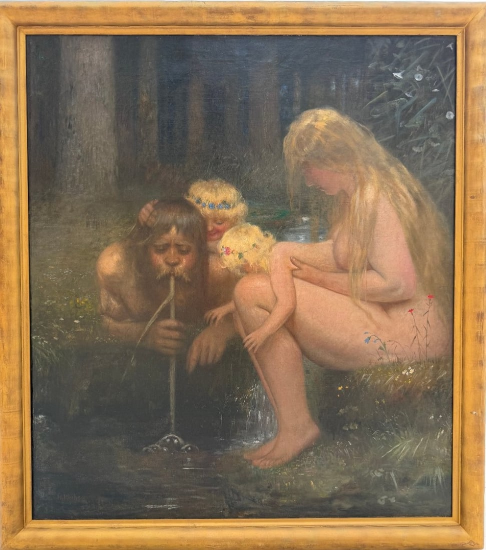 Heinrich Plühr (1859- 1953) , Mythological Landscape With The Wassermann, Oil On Canvas: Heinrich PLÜHR (1859–1953)Wassermann, a nymph and two children (or The Water Spirit)Oil on canvas,Signed ‘H. Plühr’ in the lower left-hand corner.H_108 cm W_100 cmlight craquelureThis work dep