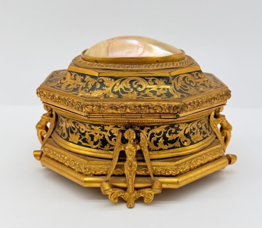 FRENCH GILT-BRONZE AND CHAMPLEVÉ ENAMEL CASKET BOX BY TAHAN, TOPPED WITH MOTHER-OF-PEARL, NAPOLEON (1 of 12)
