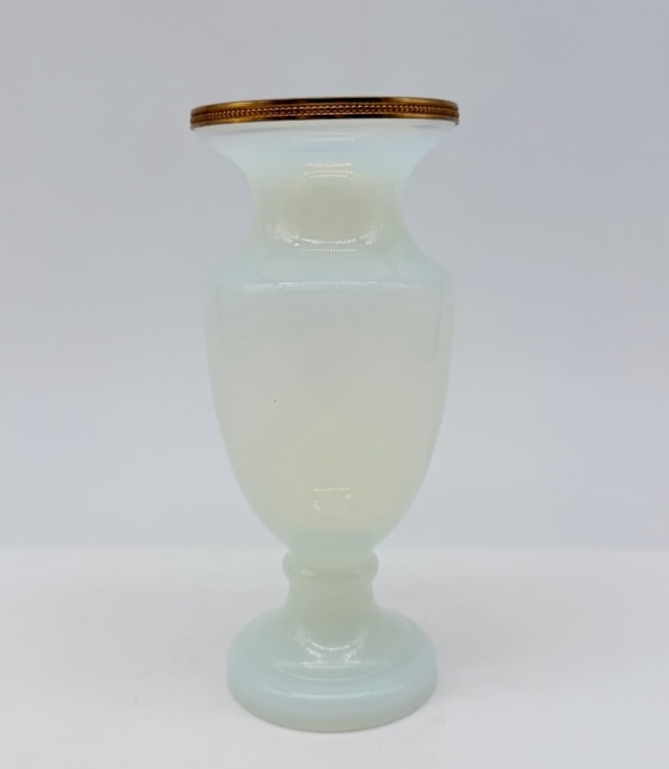 FRENCH "BULLE DE SAVON" OPALINE GLASS VASE WITH GILT-BRONZE MOUNT, 19TH CENTURY: An elegant classical baluster-shaped vase in semi-translucent, iridescent "bulle de savon" (soap bubble) opaline glass. The piece features a flared trumpet neck mounted with a finely beaded and engine