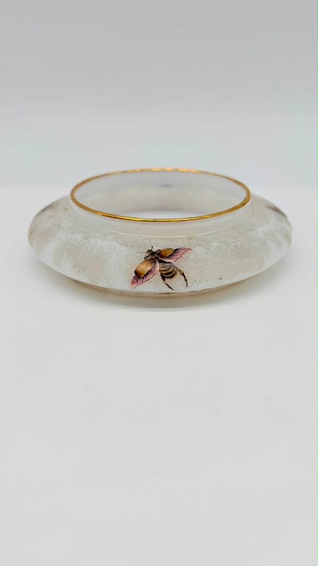 FRENCH ENAMELED OPALINE GLASS BOWL WITH INSECT DECORATION, BROCARD, 19TH CENTURY: A low, wide-rimmed bowl crafted in semi-opaque milky opaline glass with a ice-frosted exterior band. The exterior is decorated with hand-painted polychrome enamel depictions of detailed insects, inclu