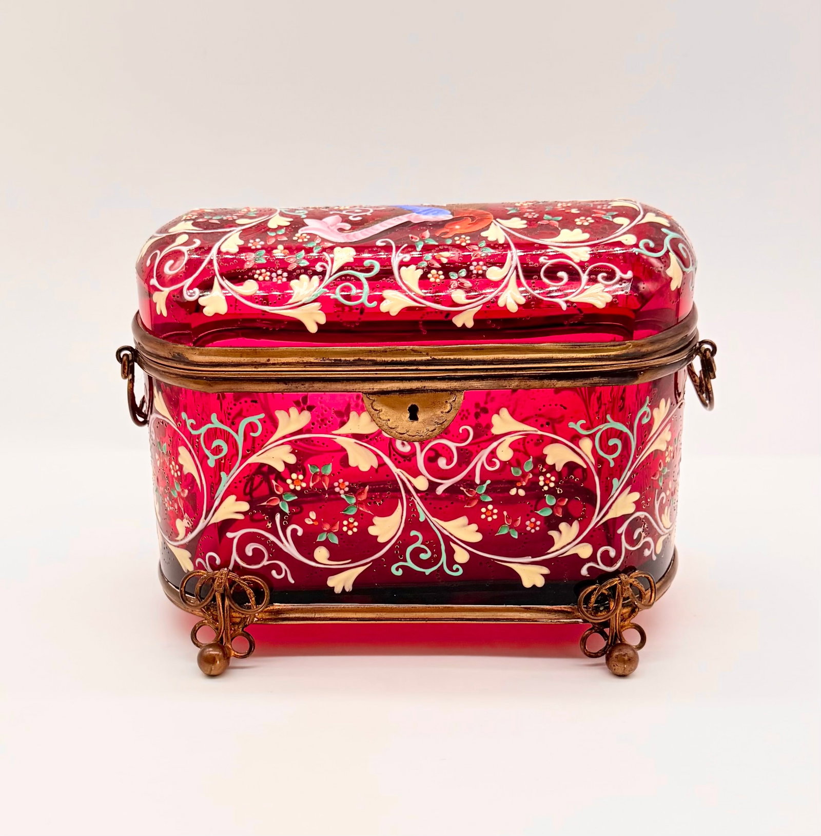 BOHEMIAN RUBY GLASS CASKET BOX WITH ENAMELLED FLORAL AND BIRD DECORATION, 19TH CENTURY (1 of 18)