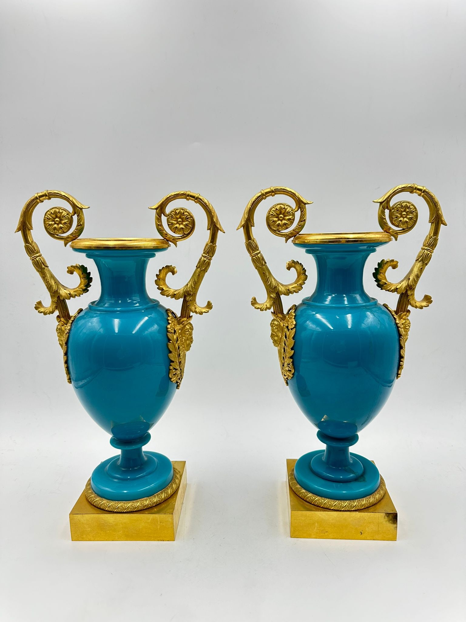 PAIR OF FRENCH TURQUOISE OPALINE AND ORMOLU VASES, CHARLES X PERIOD (1 of 20)