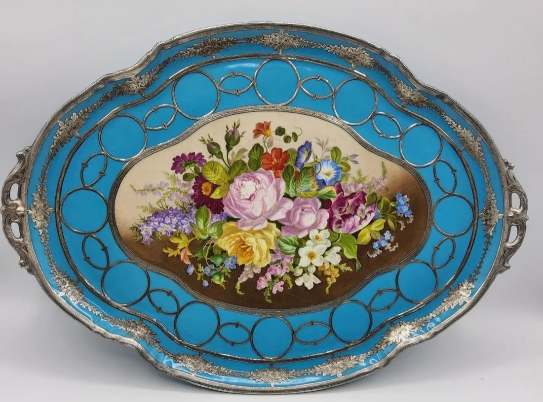 LARGE SÈVRES-STYLE TURQUOISE GROUND PORCELAIN TRAY WITH SILVER OVERLAY (1 of 11)