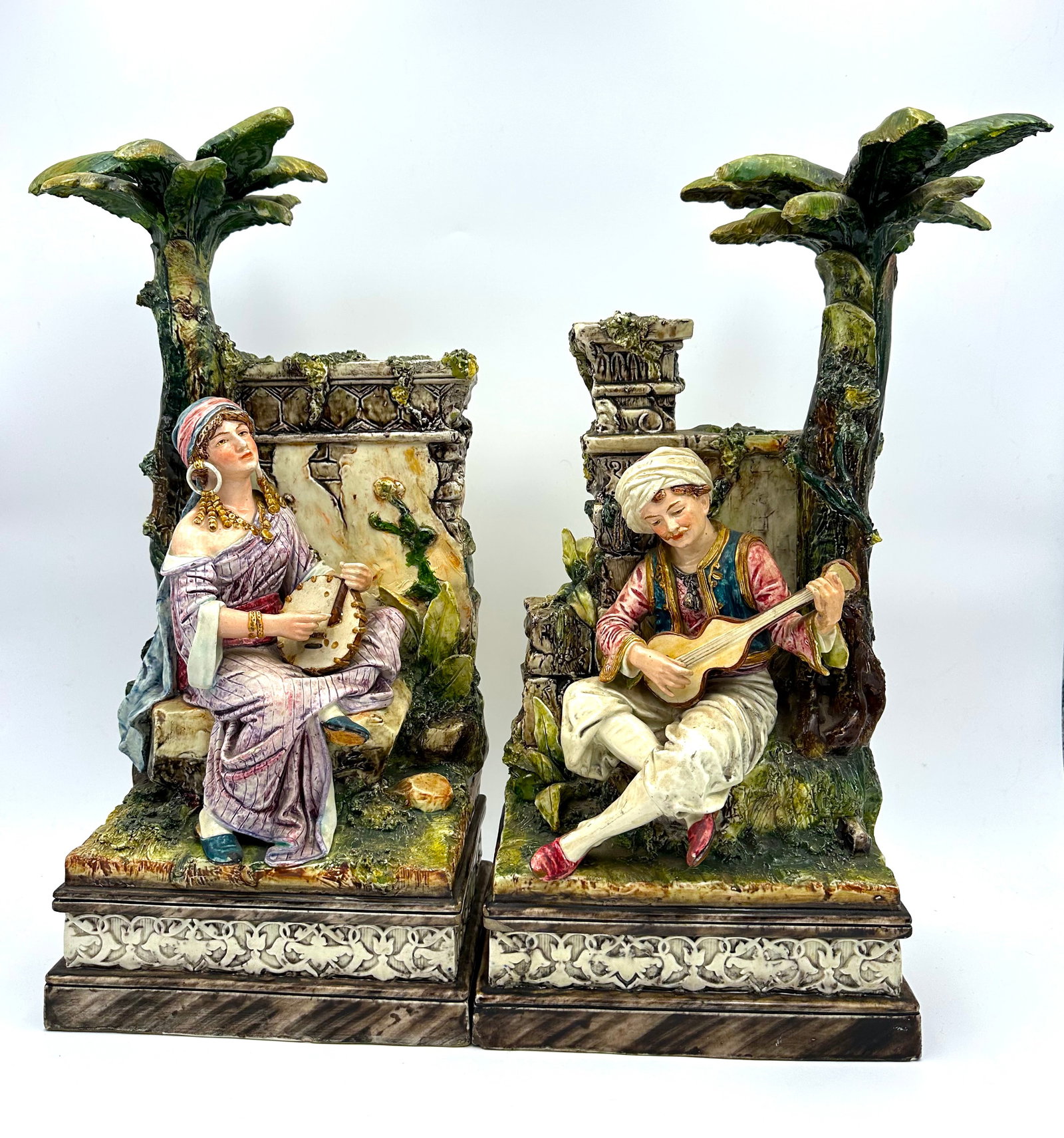 PAIR OF FRENCH POLYCHROME GLAZED CERAMIC ORIENTALIST SCULPTURES (1 of 19)