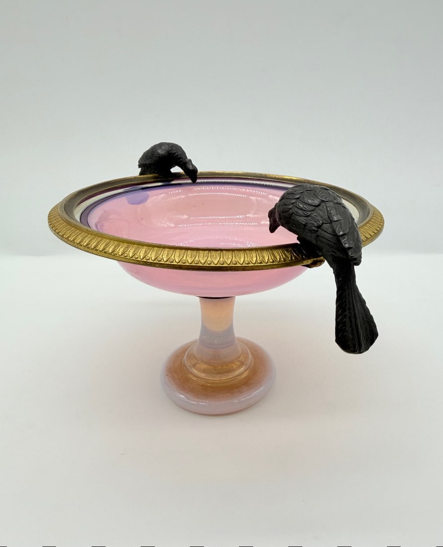 FRENCH "GORGE DE PIGEON" OPALINE AND BRONZE TAZZA WITH BIRDS, CHARLES X PERIOD (1 of 19)