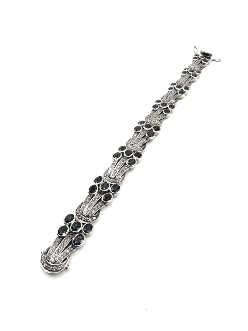Elegant Silver Bracelet With Blue Sapphires And Diamonds, 18k Gold Clasp (1 of 12)