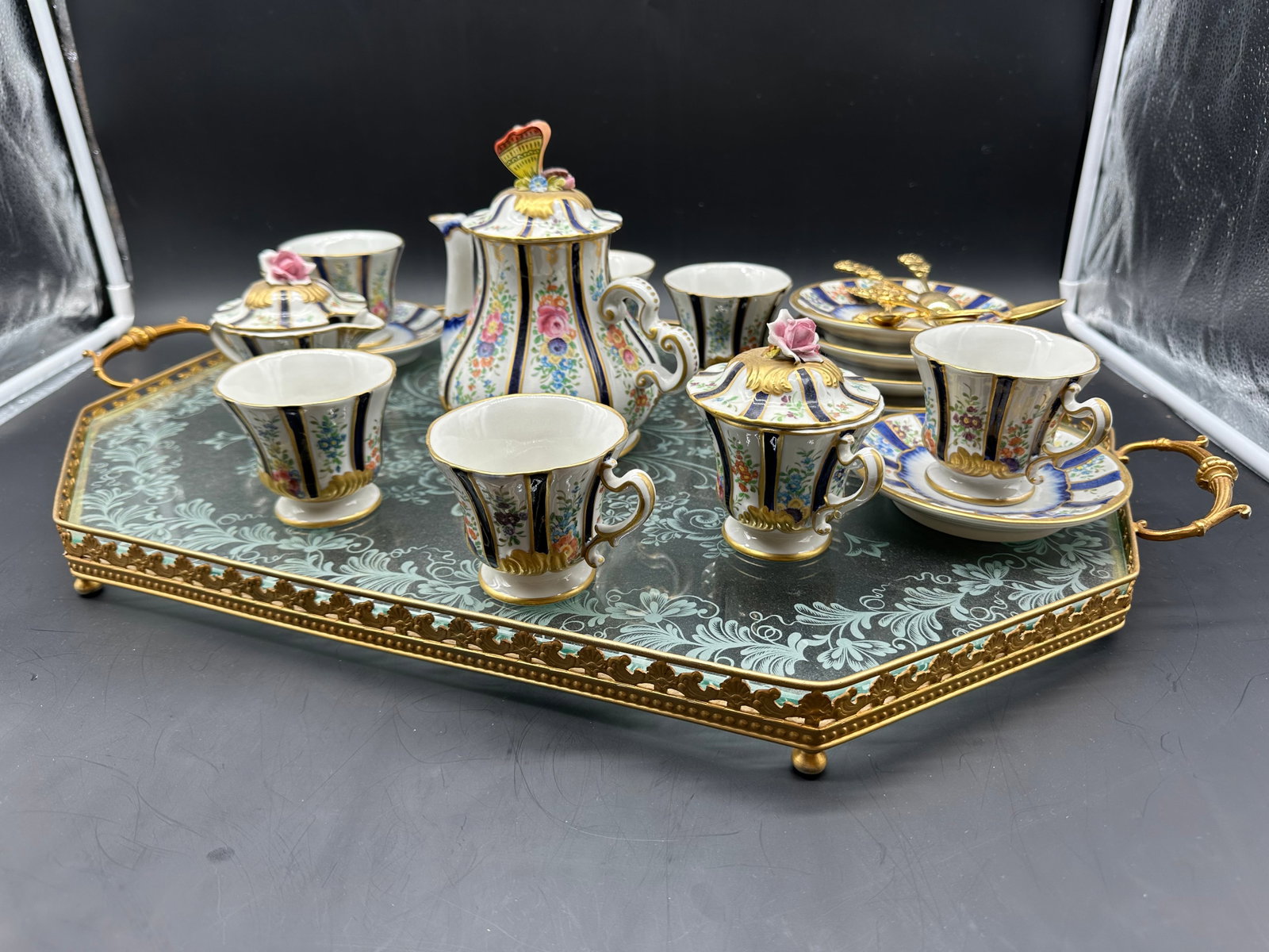 SEVRES STYLE PORCELAIN COFFEE SERVICE FOR SIX WITH BRONZE MOUNTED GLASS TRAY (1 of 20)