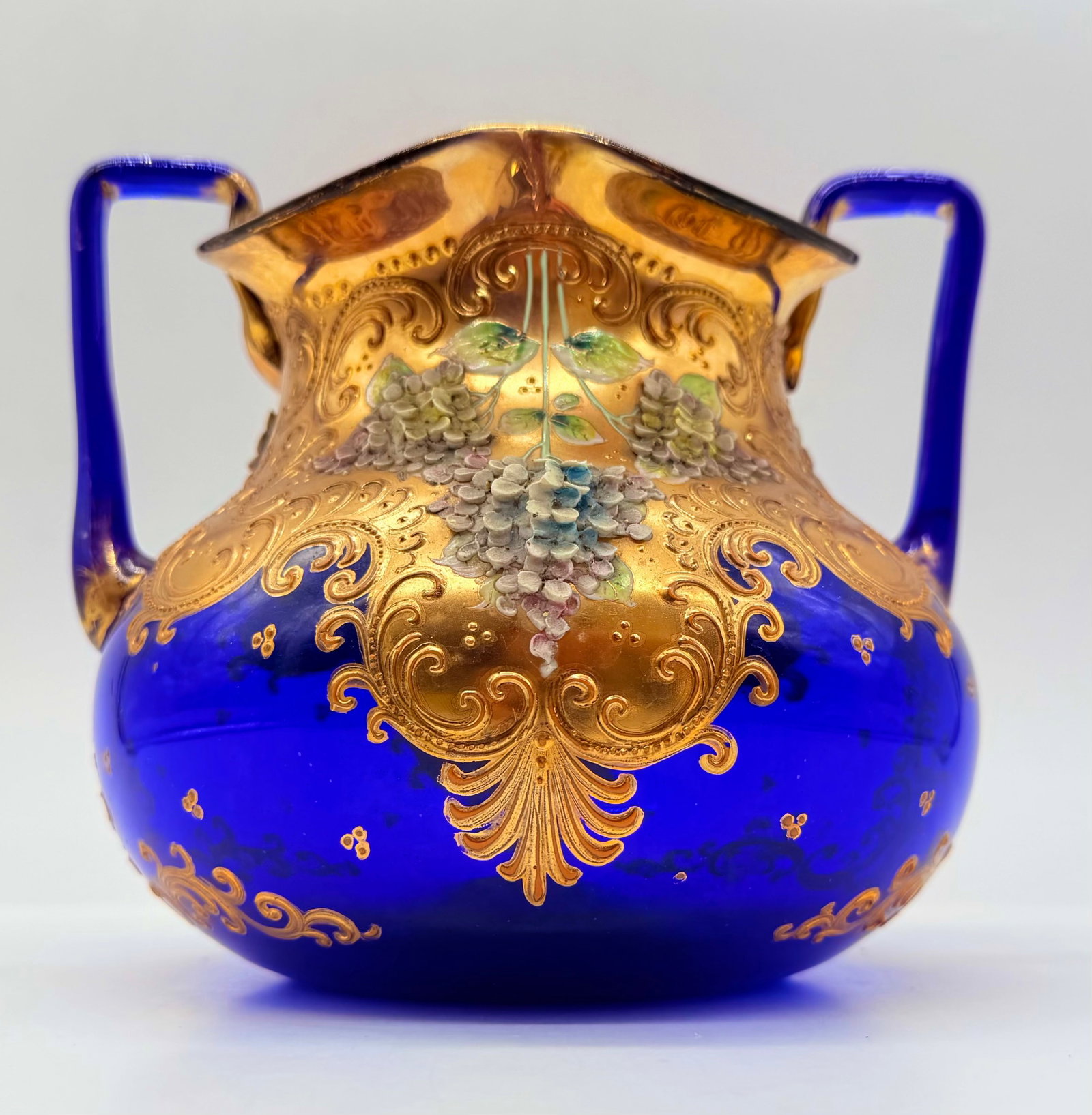 BOHEMIAN MOSER SAPPHIRE BLUE GLASS CACHEPOT WITH RELIEF ENAMEL (1 of 14)