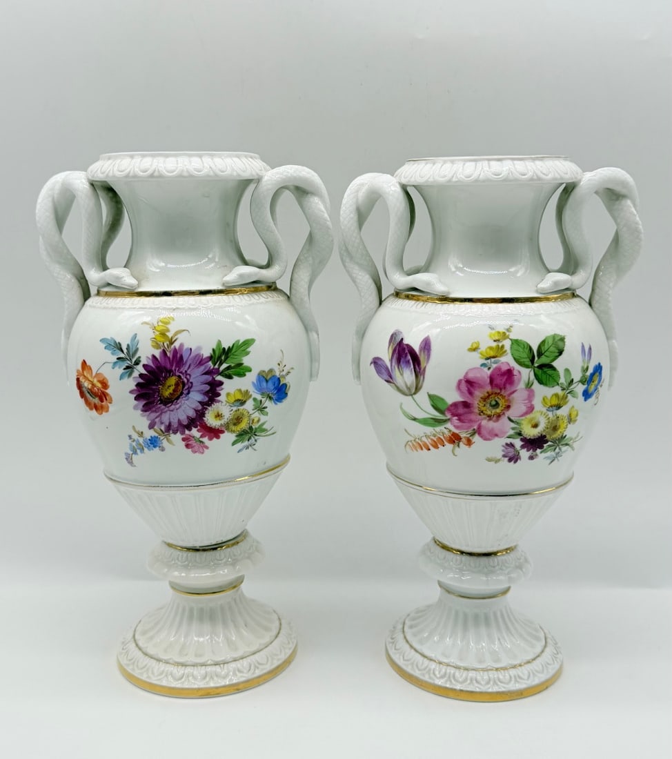 PAIR OF MEISSEN PORCELAIN SNAKE-HANDLED VASES (1 of 12)