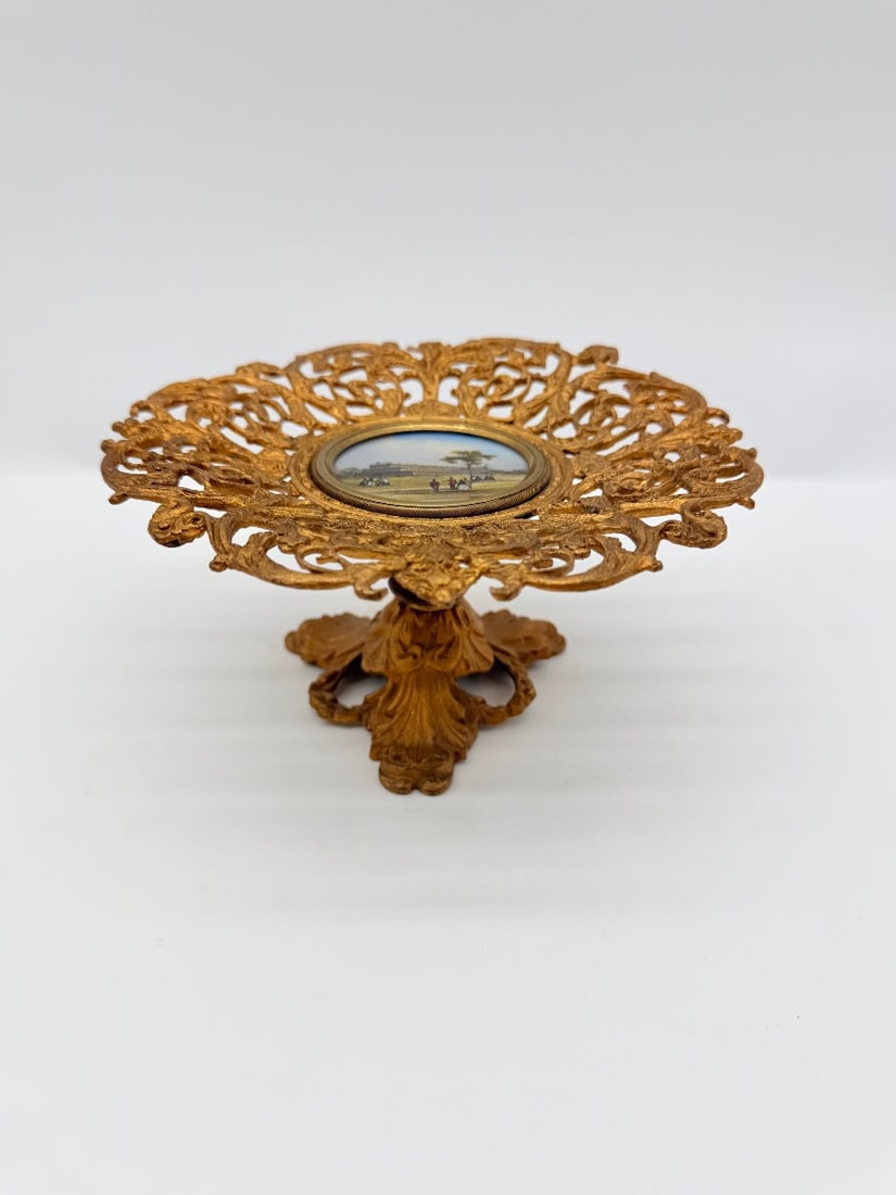 VICTORIAN GILT BRONZE CARD TAZZA WITH CRYSTAL PALACE MINIATURE (1 of 12)