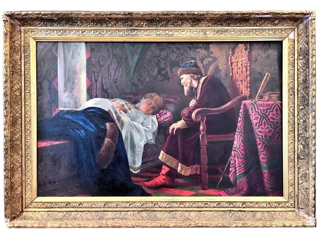 VINCENT G. STIEPEVICH (1841; 1910) Tsar Ivan the Terrible Admiring Vasilisa Melentieva: VINCENT G. STIEPEVICH (1841; 1910)Tsar Ivan the Terrible Admiring Vasilisa Melentieva (After Grigory Sedov)Oil on canvasSigned and dated lower right Stiepevich 87H_61 cm W_91 cm (approx. canvas); fram