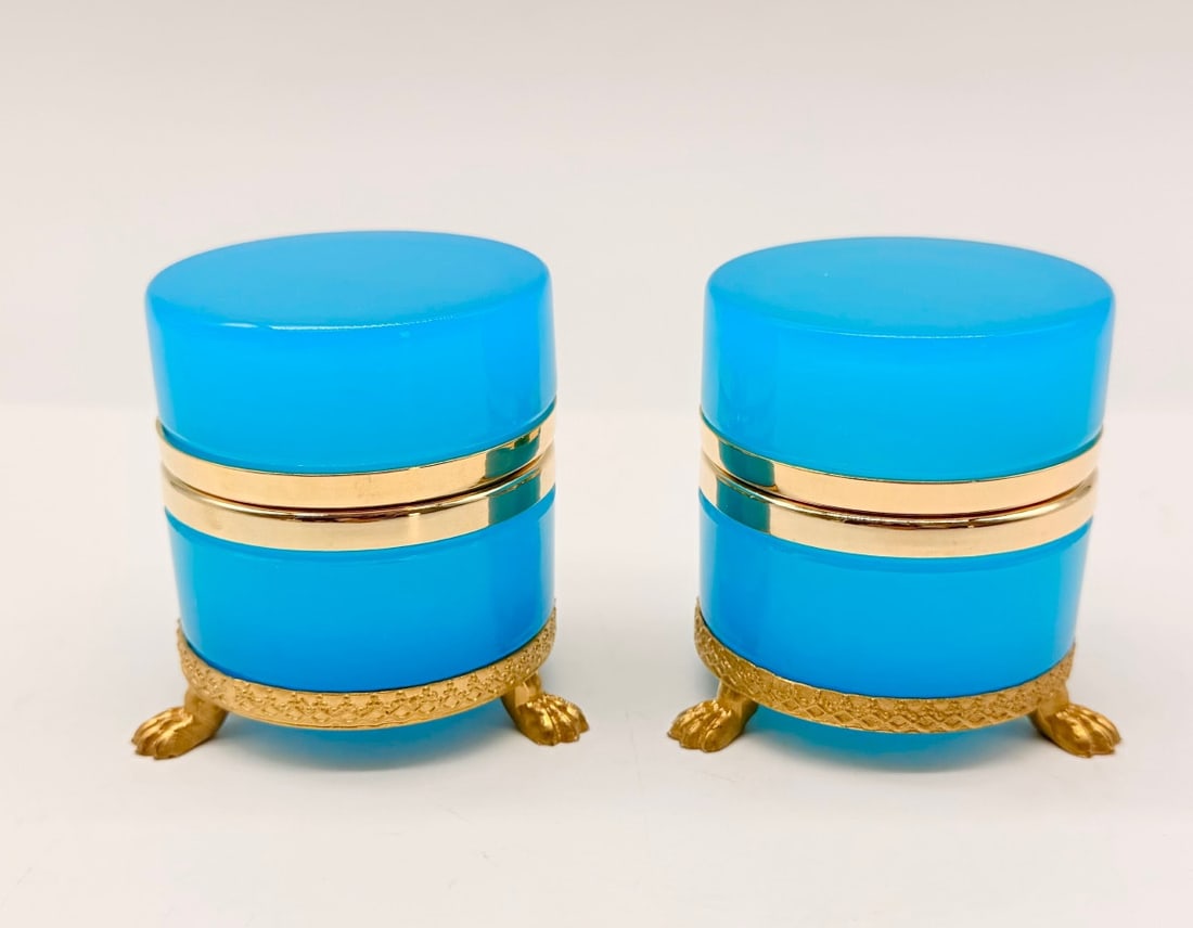 PAIR OF FRENCH TURQUOISE OPALINE GLASS BOXES ON LION-PAW FEET (1 of 12)