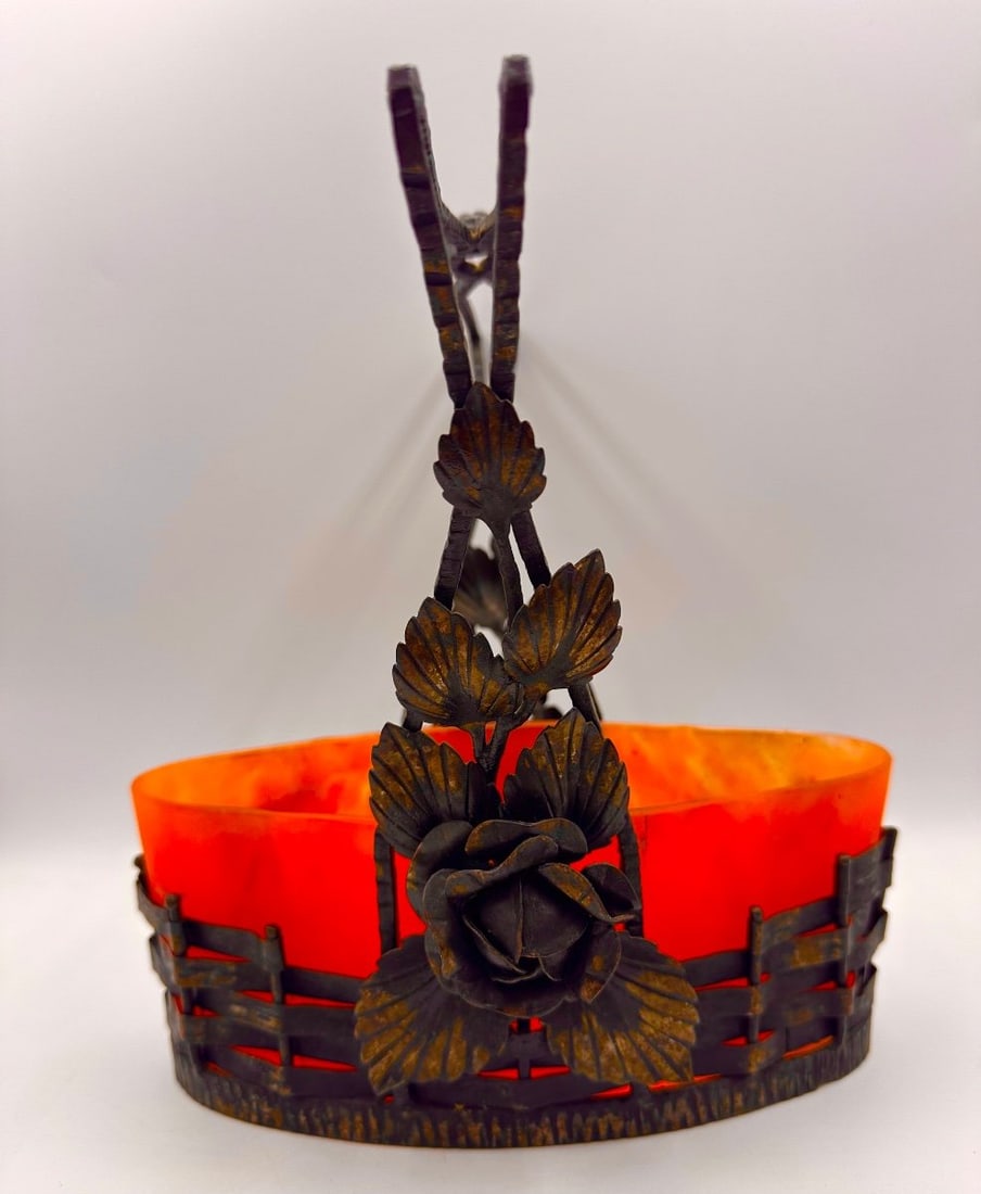 FRENCH ART DECO MULLER FRÈRES ART GLASS BASKET IN WROUGHT IRON MOUNT (1 of 12)