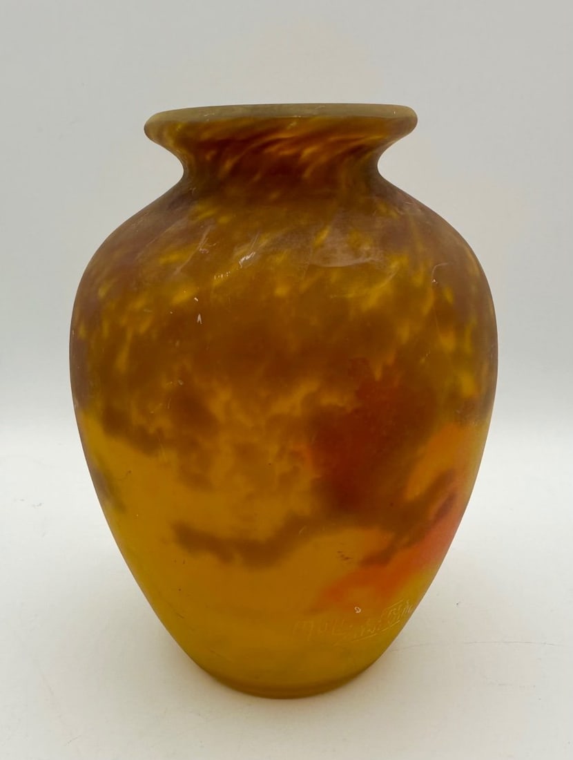 FRENCH ART DECO MULLER FRÈRES MARMOREAL GLASS VASE: Baluster-shaped art glass vase featuring mottled orange, amber, and brown layered glass (verre marmoréen) with an acid-etched or wheel-carved matte finish. Signed near the lower base "Muller Frères 