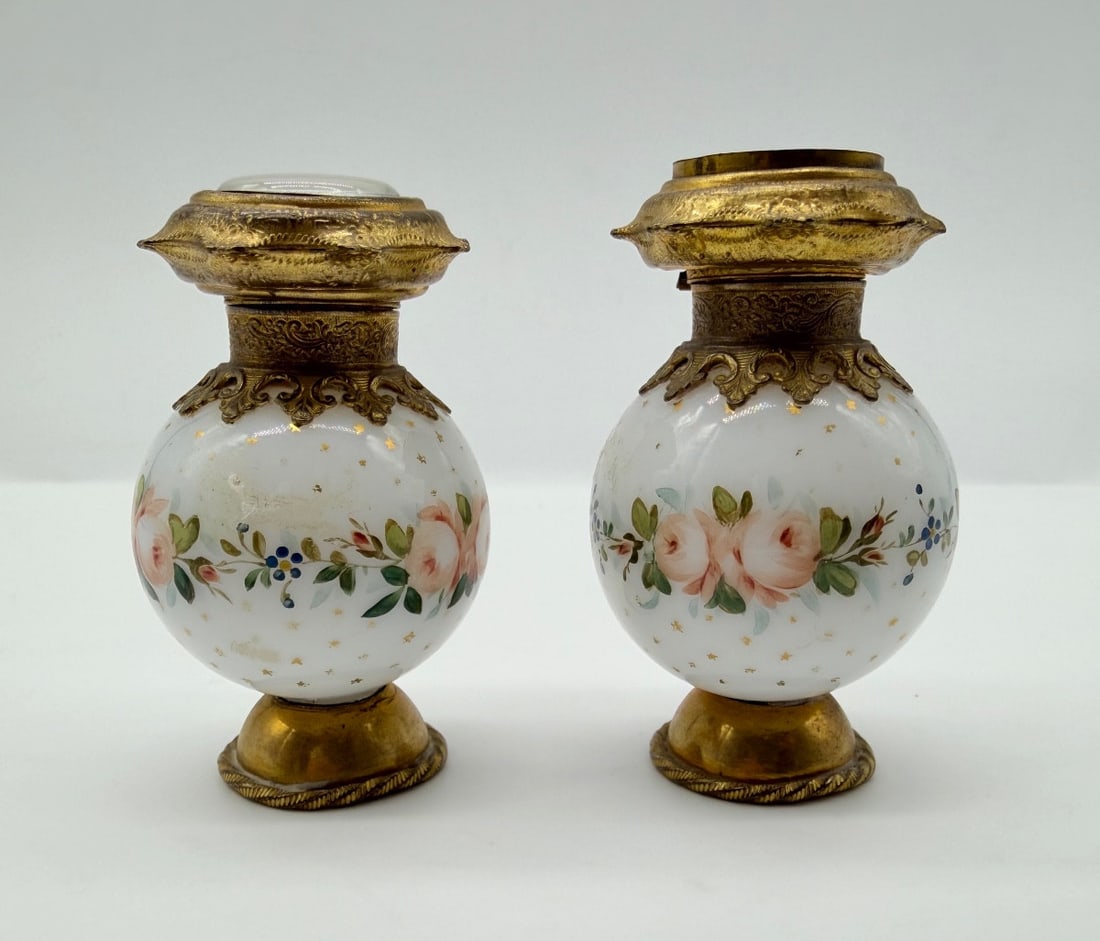 PAIR OF FRENCH GILT BRONZE-MOUNTED ENAMEL OPALINE PERFUME BOTTLES (1 of 9)