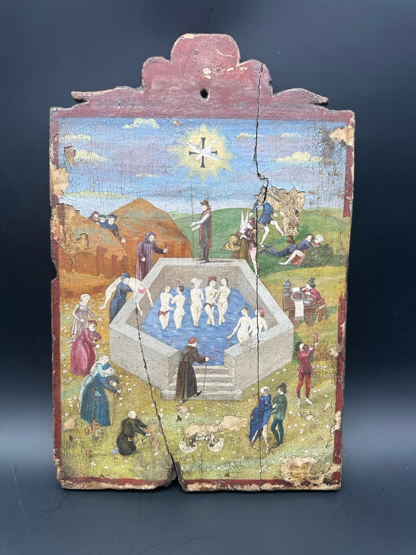FLAMISH SCHOOL, 16TH/17TH CENTURY,The Fountain of Youth, Tempera on wood panel: FLAMISH SCHOOL, 16TH/17TH CENTURYThe Fountain of YouthTempera on wood panel16th–17th centuryH_38 cm W_24.5 cmWear consistent with age, panel fissure, paint losses, and craquelure network.This compos