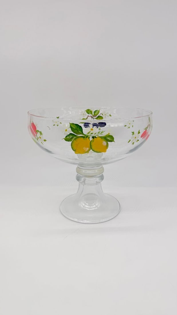 Bohemian Enamelled Glass Footed Bowl With Fruit Decoration, 20th Century: Cup on spreading foot in colourless blown glass with hand?painted polychrome enamel decoration of fruit compositions (plums, strawberries, lemons) and white leafy flowers; moulded baluster stem on a f