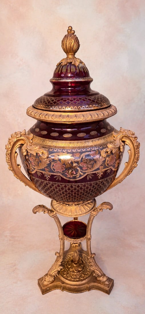 19TH-CENTURY MONUMENTAL BOHEMIAN RUBY CUT CRYSTAL URN ON GILT BRONZE STAND (1 of 10)