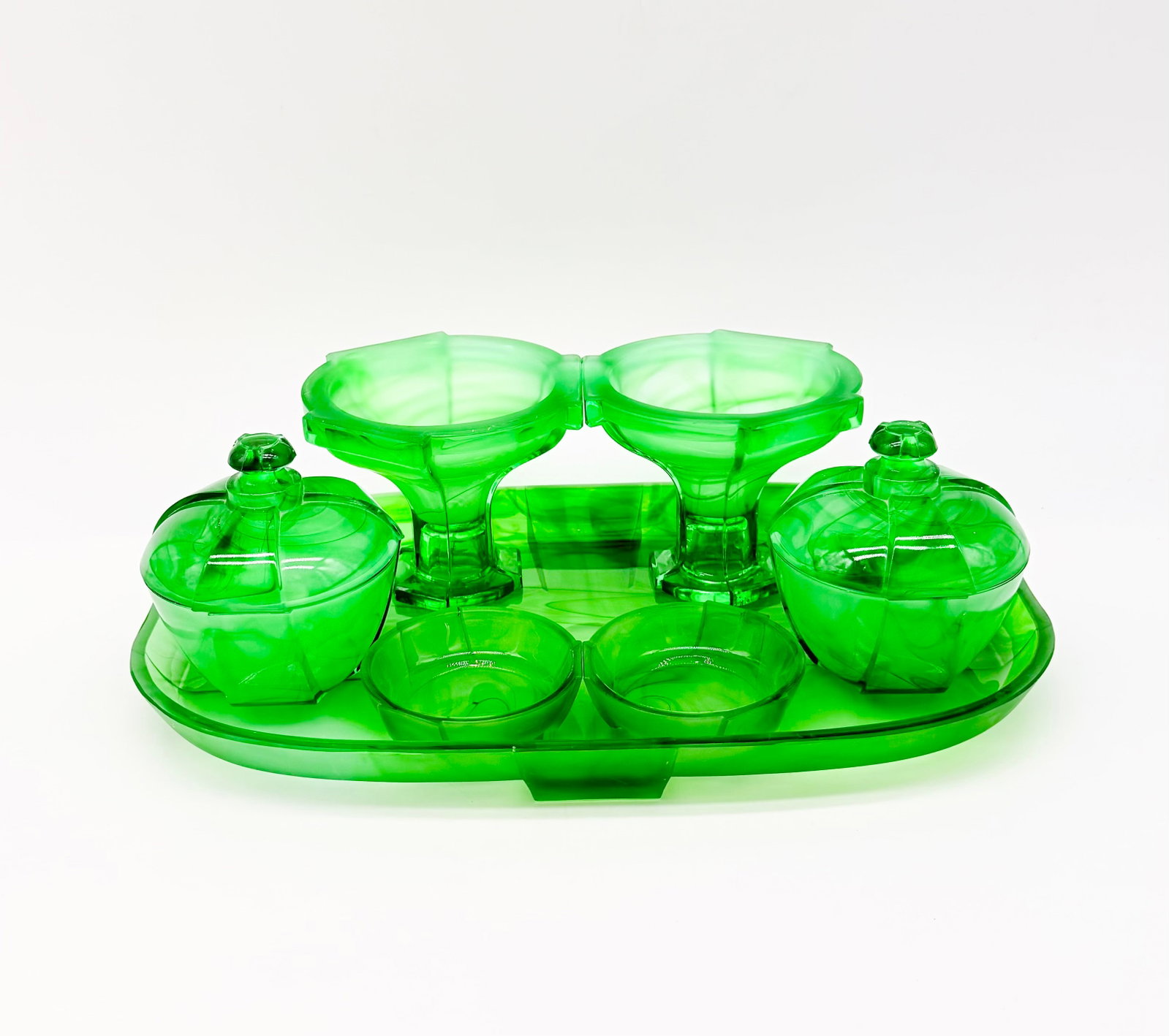 ART DECO FRENCH GREEN MOULDED GLASS DRESSING TABLE SET (1 of 20)