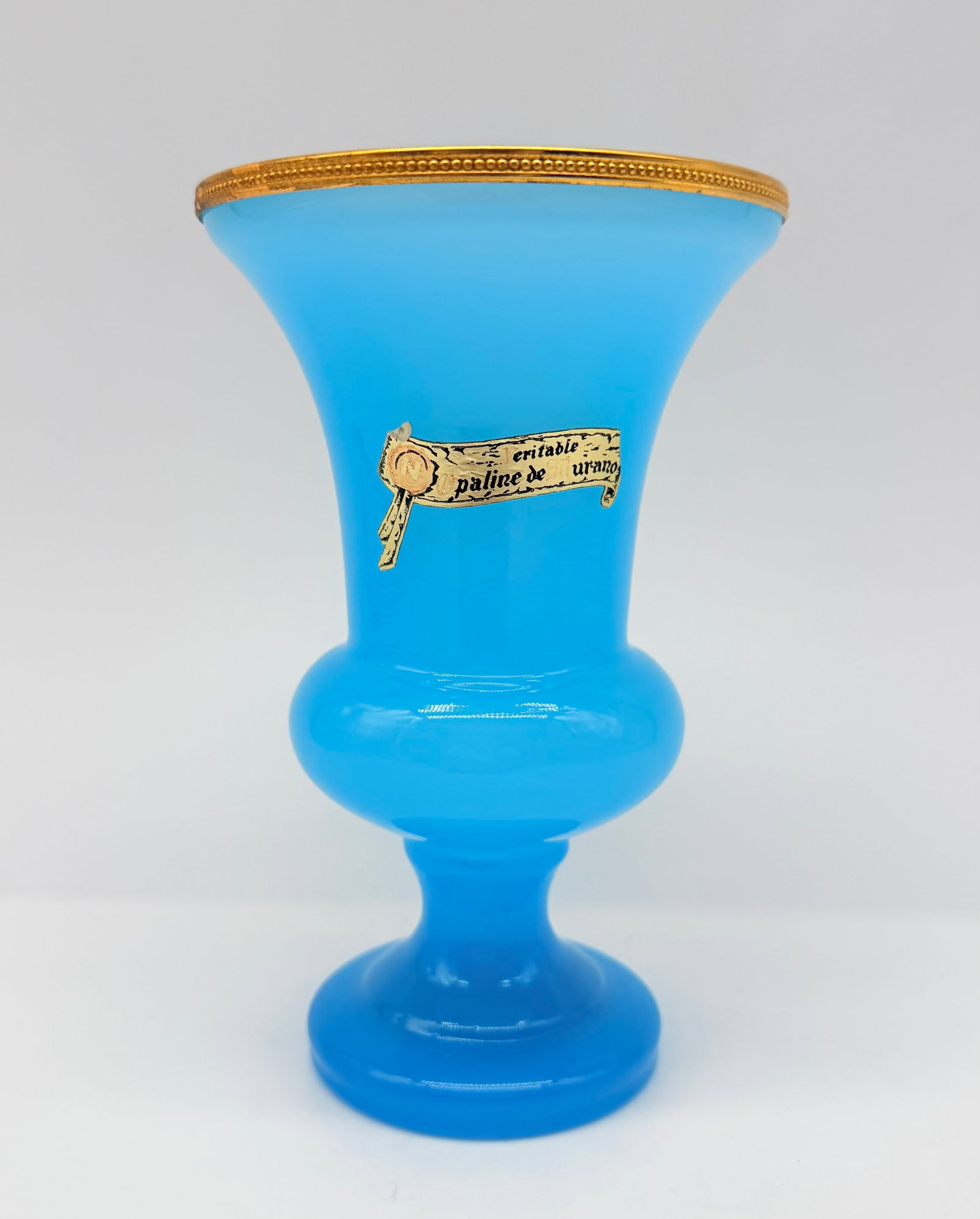 MURANO BLUE OPALINE GLASS VASE WITH GILT MOUNT (1 of 15)