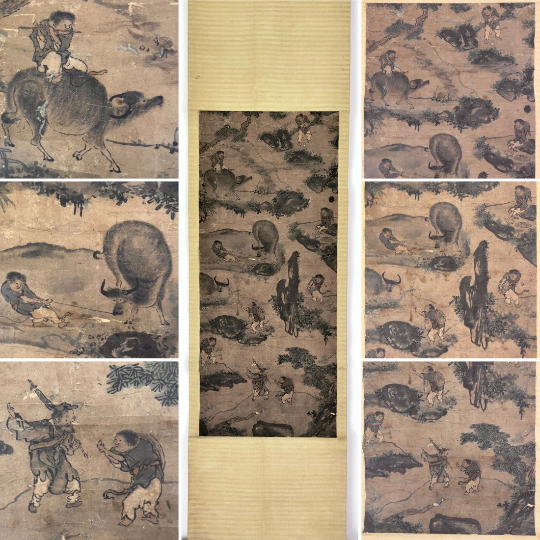 A VERY OLD CHINESE HANGING SCROLL PAINTING, INK, BOYS & OX, ANONYMOUS (1 of 12)