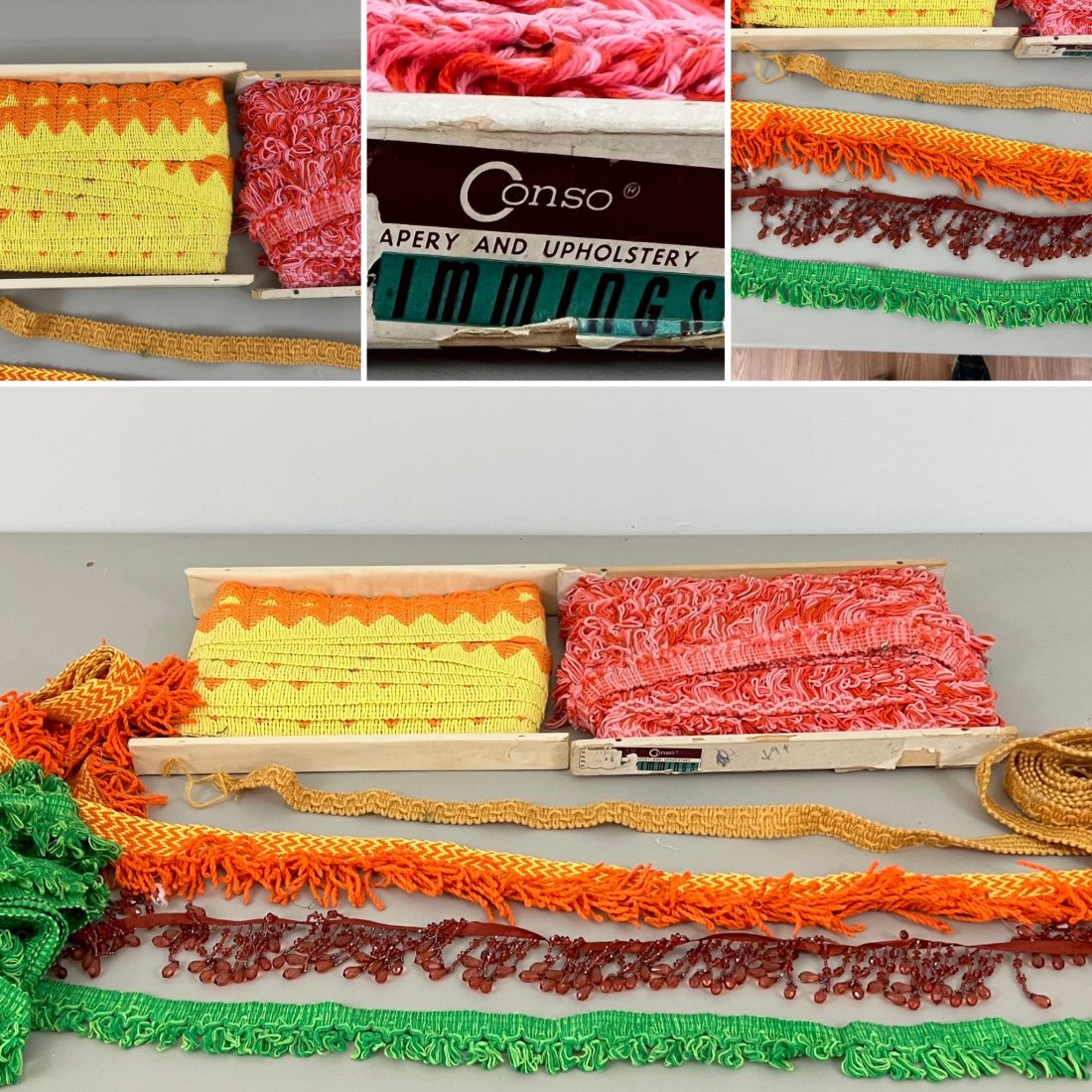 A GROUP OF VINTAGE 1960s POP ART ERA TEXTILE FRINGE: A wonderful vintage group of 1960s, American Pop Art era textile fringes for upholstery, including Mod style colors: hot pink, lemon yellow, lime green, citrus orange, etc. Various styles and lengths.