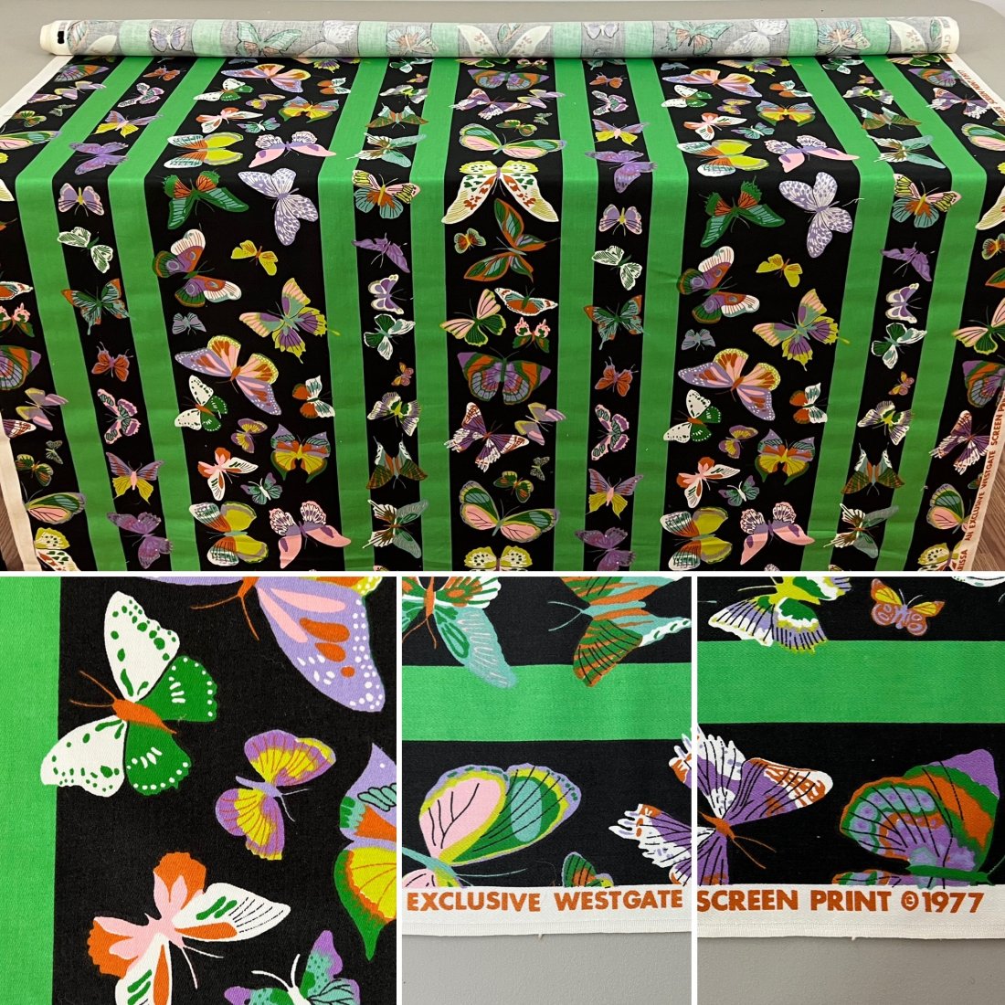 4 YARDS VINTAGE 1977 WESTGATE FABRIC, SCREEN PRINT BUTTERFLIES & STRIPES (1 of 5)