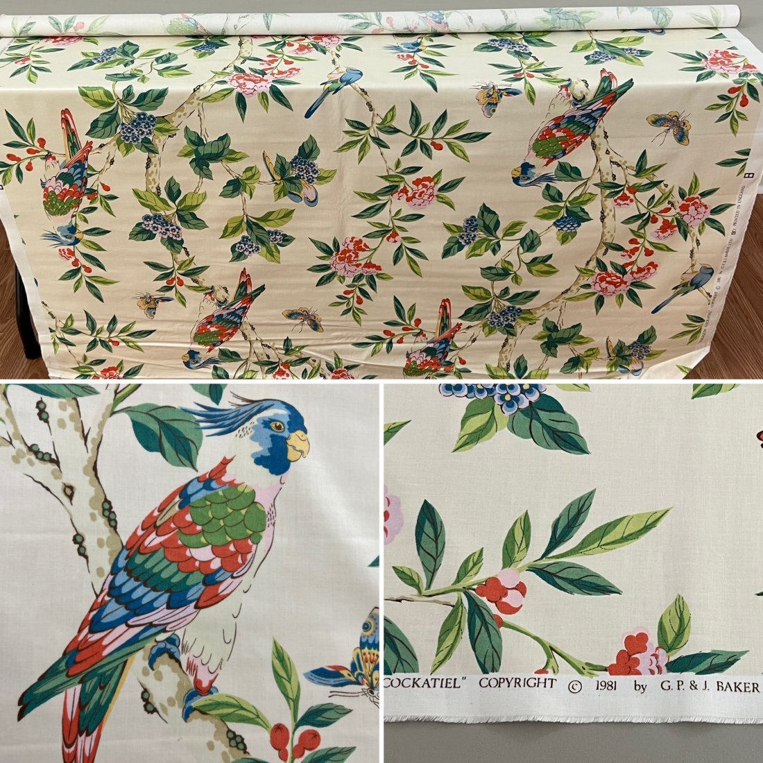 1 1/2 YARDS VINTAGE 1981 G.P. & J. BAKER, ENGLAND, HARLEQUIN COCKATIEL, FABRIC: Several lots of vintage, unused, 1970s, 1980s and 1990s textile upholstery and drapery fabric are being offered in this months sale. This lot is a gorgeous English printed fabric designed by G.P. & J.