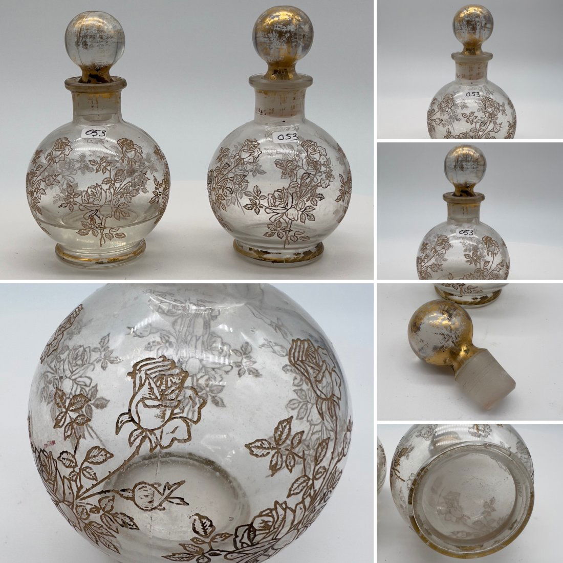 A PAIR OF ANTIQUE VINTAGE GLASS PERFUME BOTTLES W/GILT ROSES DESIGN (1 of 7)