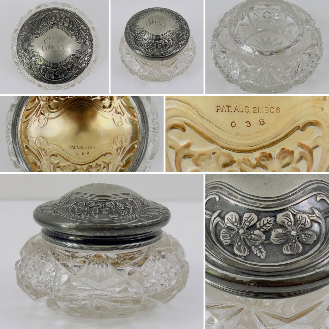 AN ANTIQUE 1906 EDWARDIAN GLASS AND SILVER w/GILT LID POWDER BOX, PAT AUG 21 1906: A very pretty, feminine and romantic antique glass powder or receiving box with a silver lid that has been gilt on the inside and embossed with lovely flowers and Art Nouveau designs. The metal lid is