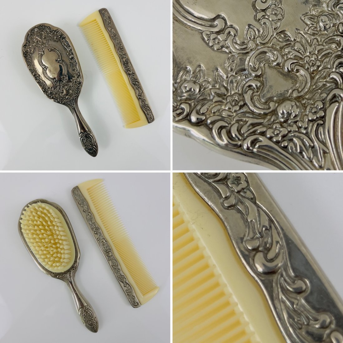 AN ANTIQUE IVORY-COLORED CELLULOID & SILVER LADYS HAIR DRESSER SET: Celluloid was first invented in the 1860s and developed in the late 1800s. This early hair dressing set was designed to give the appearance of having been made from its natural ivory counterpart and a
