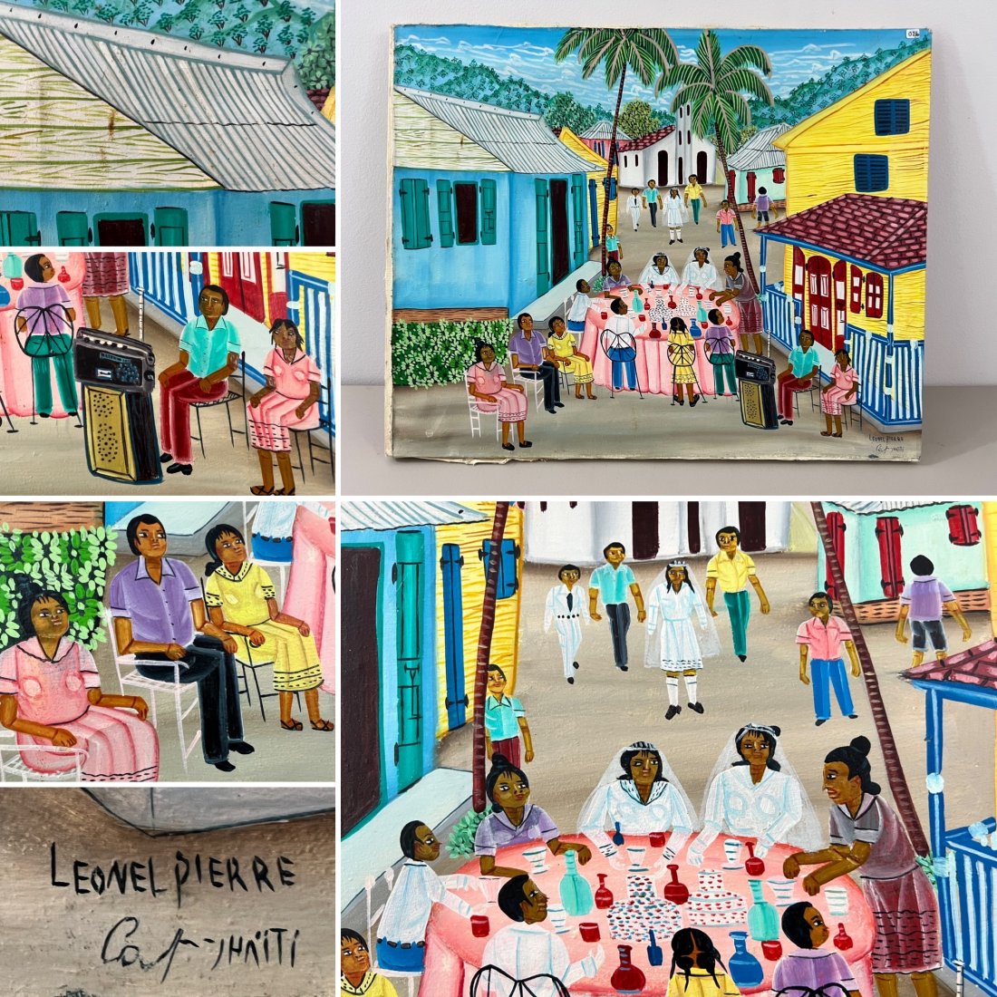 AN ORIGINAL VINTAGE FOLK ART PAINTING ACRYLIC or OIL/CANVAS BY LEONEL PIERRE, HAITIAN: An original vintage folk art painting of a village celebration scene by Leonel Pierre, a folk art painter from Haiti whose whimsical paintings have sold at past auctions.. The scene depicted here, app