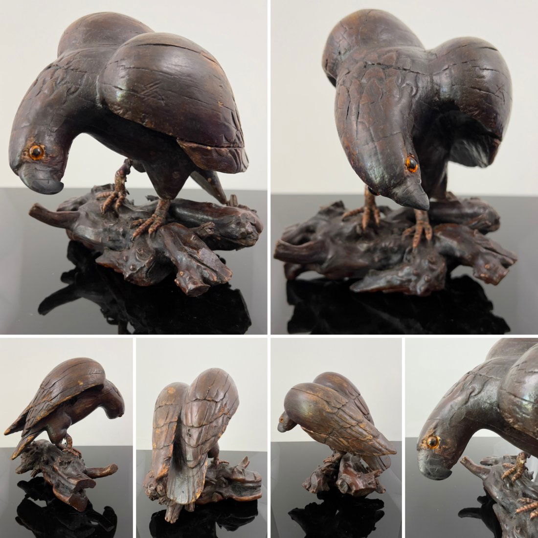 AN ANTIQUE HAND CARVED WOOD HUNTING BIRD, GLASS EYES (1 of 18)