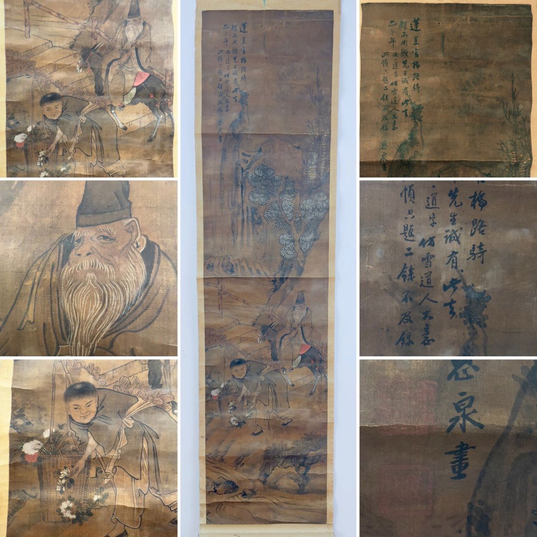 Chinese Hanging Scroll Painting, Ming, Old Scholar on Donkey and Boy Servant, Silk (1 of 18)