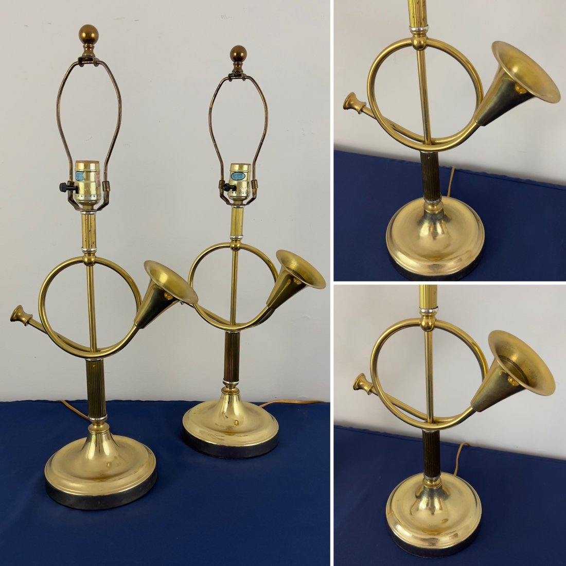 A VINTAGE PAIR OF BRASS HUNTING HORN TRUMPET LAMPS: You are bidding on a PAIR of very nice, relatively heavy, vintage brass, hunting horn trumpet lamp bases. Fluted and unfluted columns and with finials. Would look nice in your Ralph Lauren decor. Size