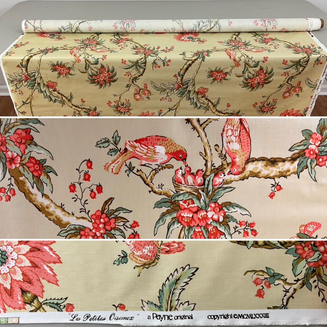 3 YARDS VINTAGE 1983 PETITES OISEAUX (NESTING BIRDS) by PAYNE FABRIC: Several lots of vintage, unused, 1970s, 1980s and 1990s textile upholstery and drapery fabric are being offered in this months sale. This is a lovely fabric entitled Les Petites Oiseaux and described 