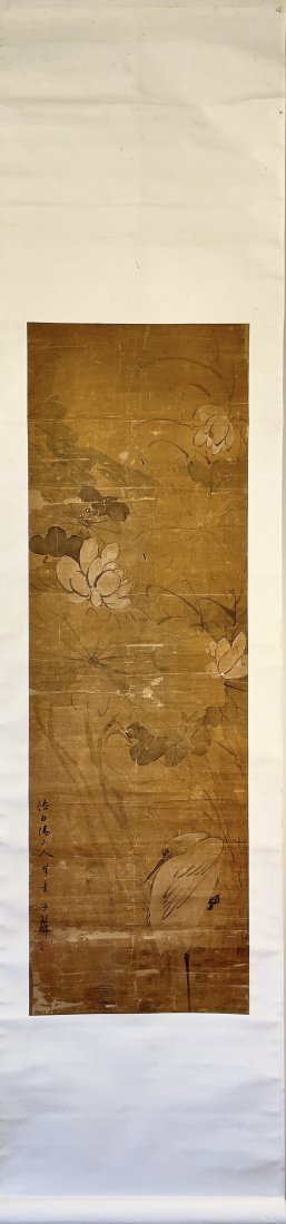 NO RESERVE ANTIQUE CHINESE PAINTING BIRD & FLOWER QIANLONG JIAQING (ca. 1764-1814): Antique Chinese bird and flower painting, ink and colors on fine, old silk canvas, silk mounting; Subject: White Heron and Lotus Blossoms; This painting will come with a copy of the old receipt, which