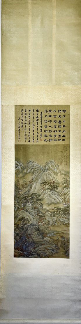 ANTIQUE CHINESE SCHOLARS LANDSCAPE PALACE PAINTING, FINE SILK, CALLIGRAPHY (1 of 20)