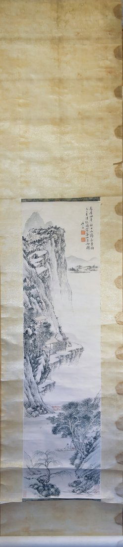 NO RESERVE ANTIQUE CHINESE MOUNTAIN LAKE LANDSCAPE PAINTING: Antique Chinese mountain and lake landscape painting, ink and colors on paper canvas, yellow silk brocade mounting; Scholar with books resting in boat viewing birds and lake scenery. Academic translat