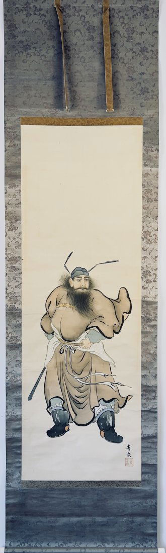 ANTIQUE JAPANESE HANGING SCROLL SILK PAINTING OF A WARRIOR HERO (1 of 11)