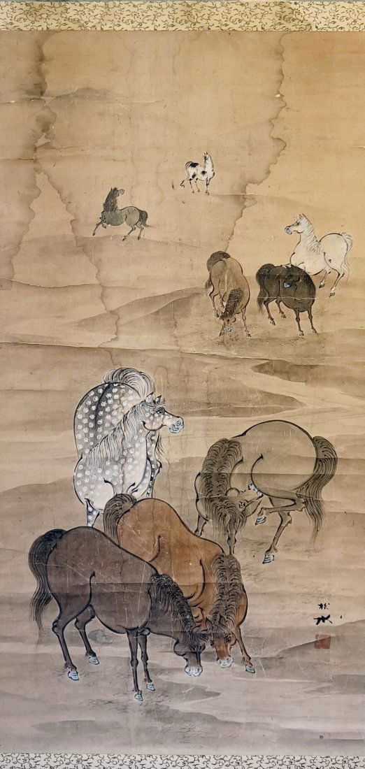 NO RESERVE ANTIQUE JAPANESE HANGING SCROLL 9 HEAVENLY HORSES PAINTING (1 of 12)