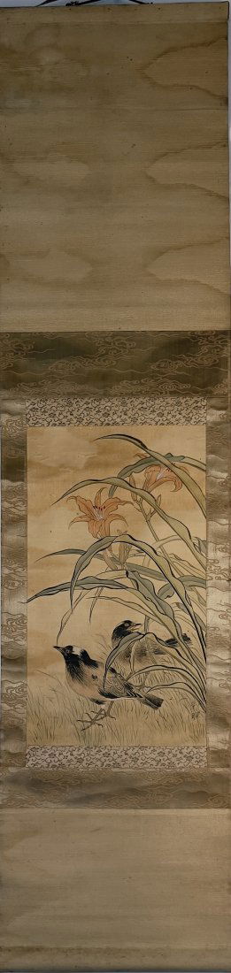 NO RESERVE ANTIQUE JAPANESE BIRD & LILY FLOWER SCROLL PAINTING (1 of 10)