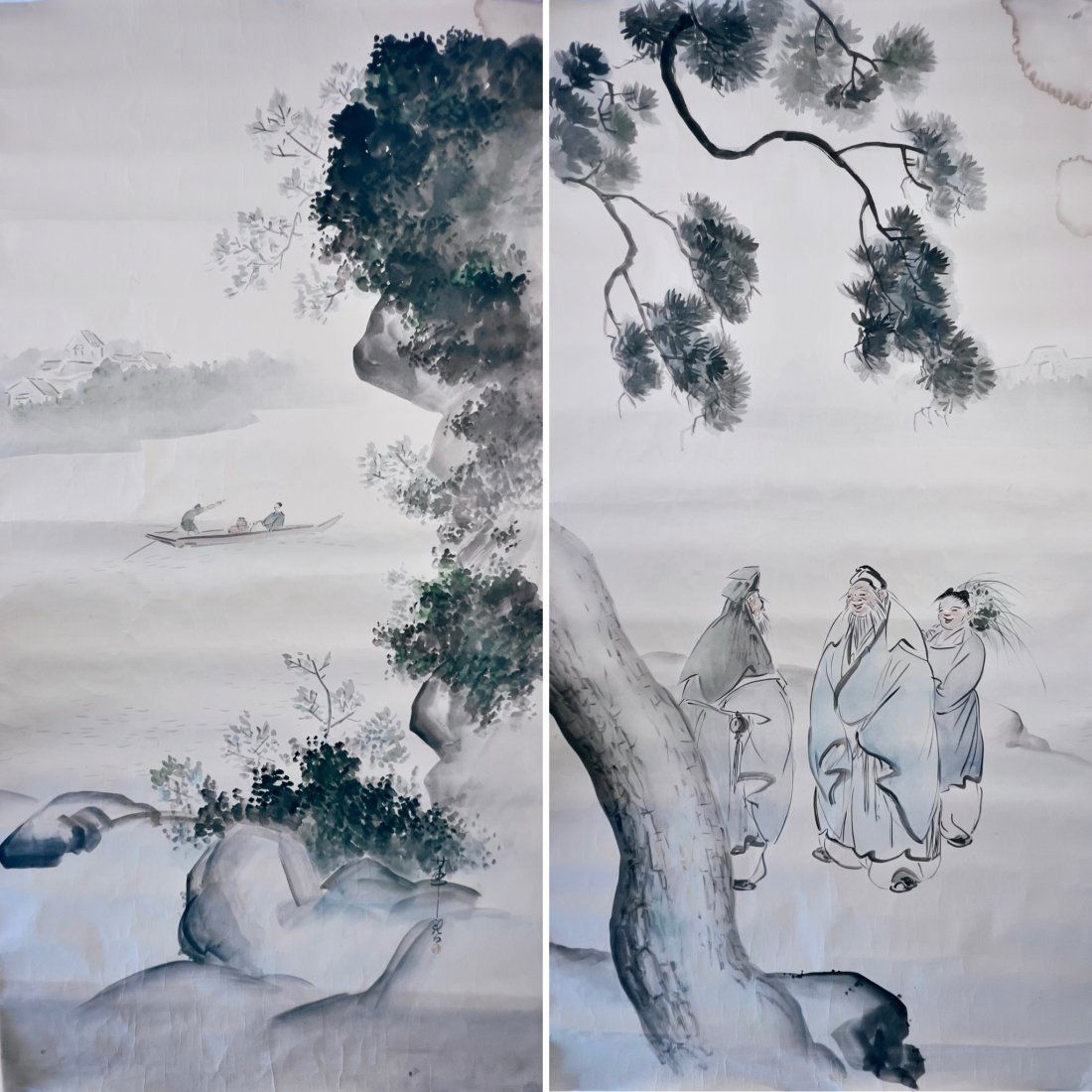 NO RESERVE (PAIR) VERY LARGE ANTIQUE ASIAN FIGURE & LANDSCAPE PAINTINGS (1 of 12)