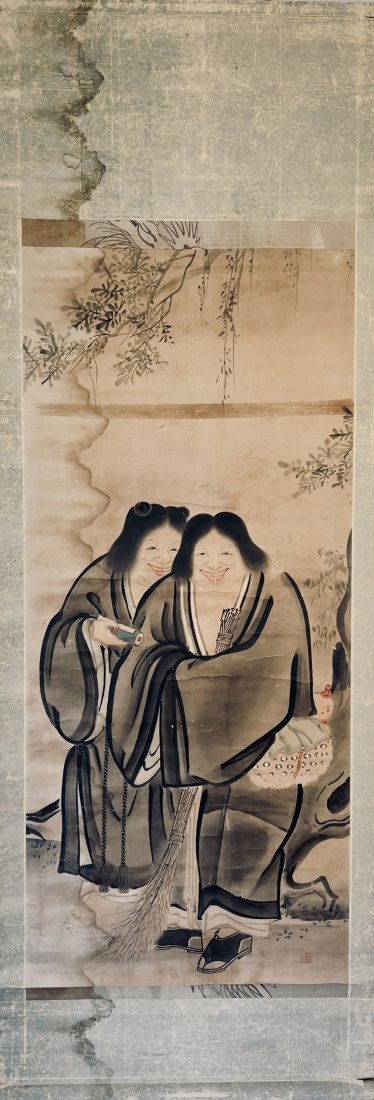 NO RESERVE VERY LARGE ANTIQUE ASIAN PAINTING CHINESE TAOIST FIGURES HE HE BROTHERS (1 of 10)